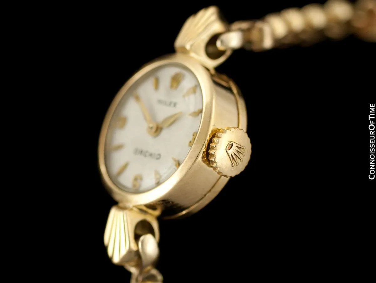 c. 1957 Rolex Orchid Ladies Vintage Watch, 18K Gold - Rare & Beautiful Crown Design