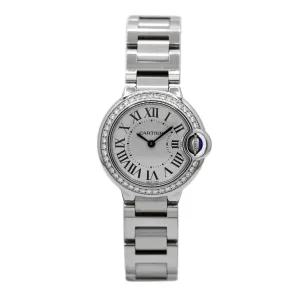 Cartier Ballon Bleu 28mm Women's watch - Ref: W4BB0015 - Silver Roman Dial & Diamond Bezel, Stainless Steel Bracelet