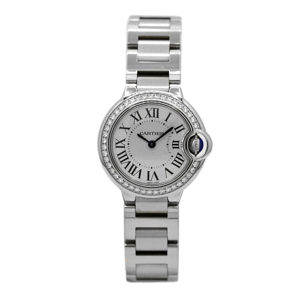 Cartier Ballon Bleu 28mm Women's watch - Ref: W4BB0015 - Silver Roman Dial & Diamond Bezel, Stainless Steel Bracelet