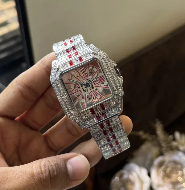 Cartier Santos Skeleton Red Diamond Quartz Watch