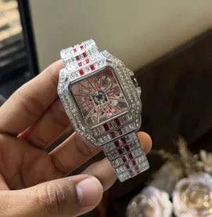 Cartier Santos Skeleton Red Diamond Quartz Watch