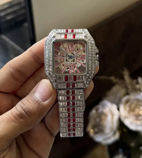 Cartier Santos Skeleton Red Diamond Quartz Watch