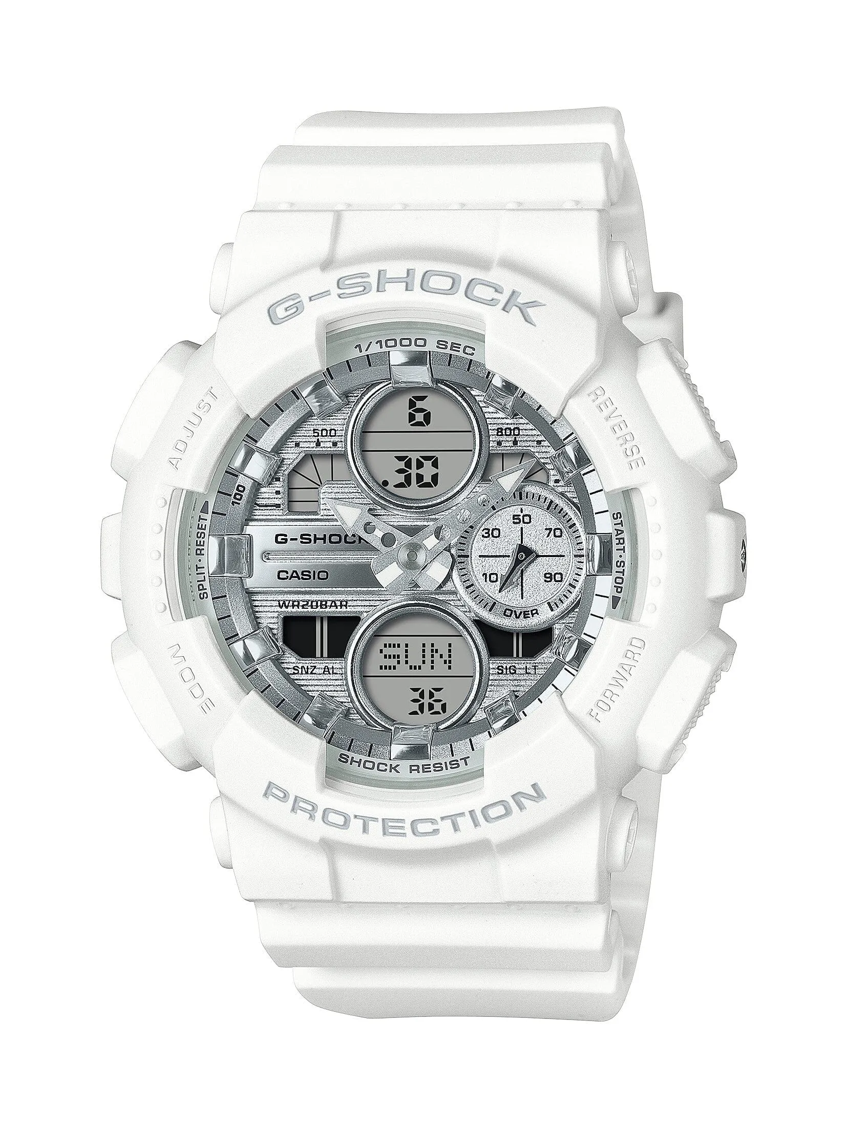 Casio G Shock Mid Duo Island Vaca S/Watch Alarm 200MSilver Face White Resin Band GMAS140VA-7A