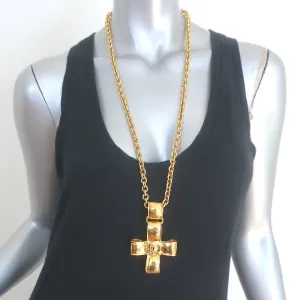 Chanel 94P CC Ribbon Cross Pendant Necklace Gold
