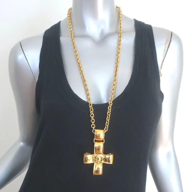 Chanel 94P CC Ribbon Cross Pendant Necklace Gold