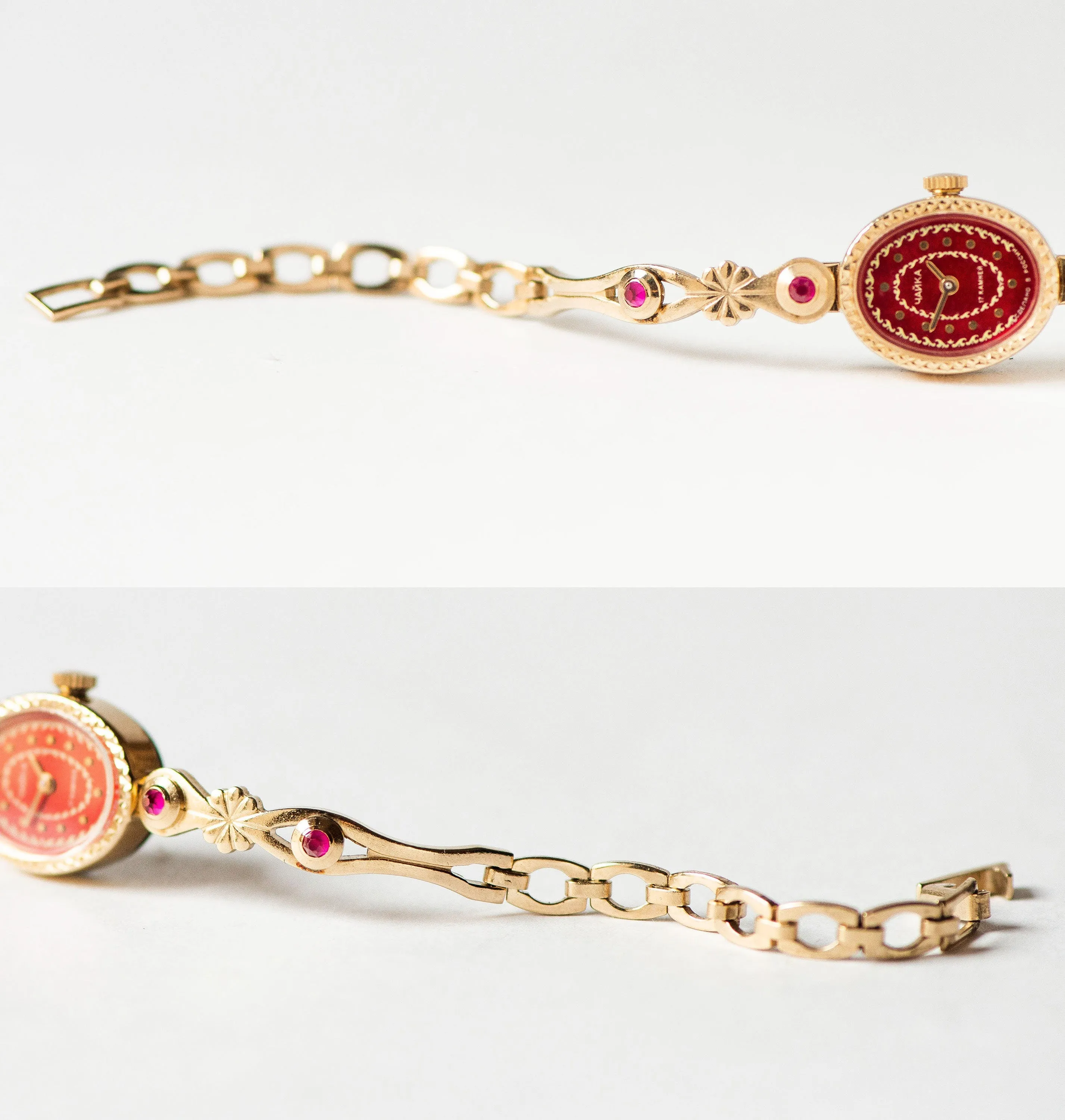 Chic cocktail watch for women gold plated Seagull, mint condition red oval women watch tiny jewelry gift, vintage watch evening accessory
