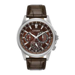 Citizen Calendrier Mens Eco Drive Chronograph Stainless Steel Brown Dial and Leather Strap Watch