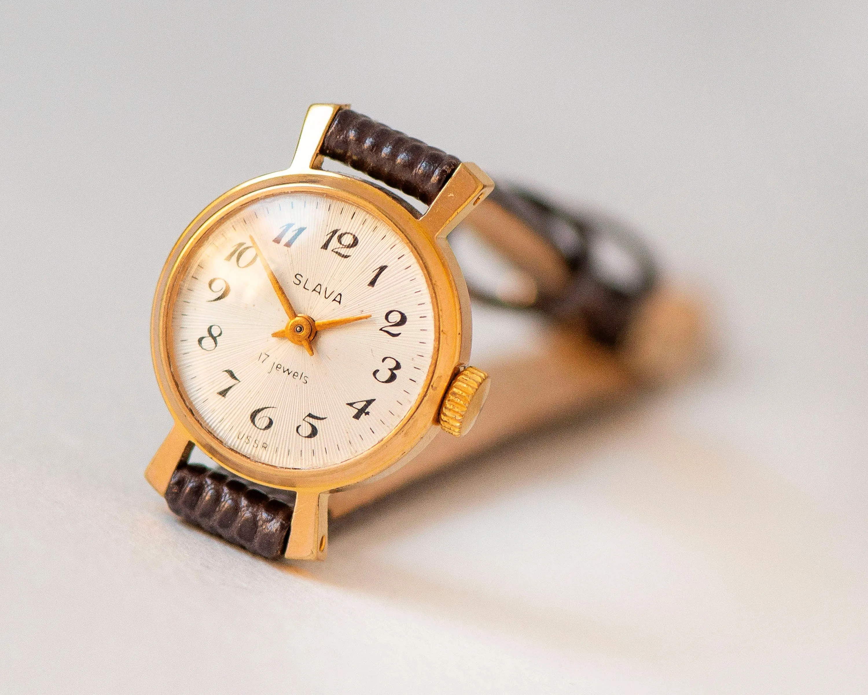 Classic lady wristwatch gold plated Glory, vintage women watch sunburst dial delicate watch  for women jewelry gift new premium leather band