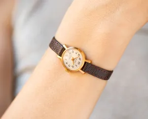 Classic lady wristwatch gold plated Glory, vintage women watch sunburst dial delicate watch  for women jewelry gift new premium leather band
