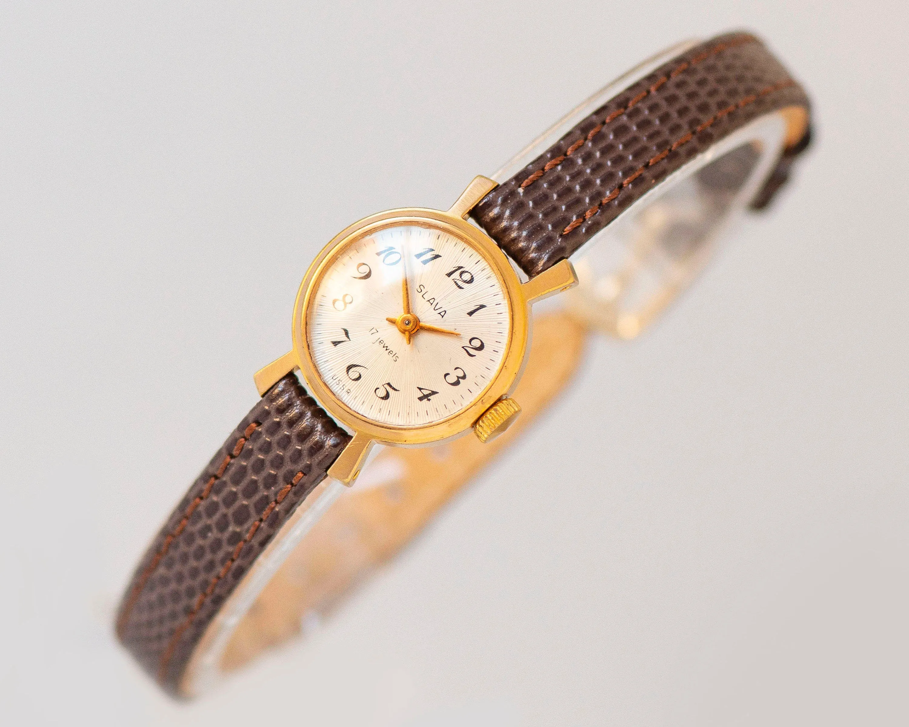 Classic lady wristwatch gold plated Glory, vintage women watch sunburst dial delicate watch  for women jewelry gift new premium leather band