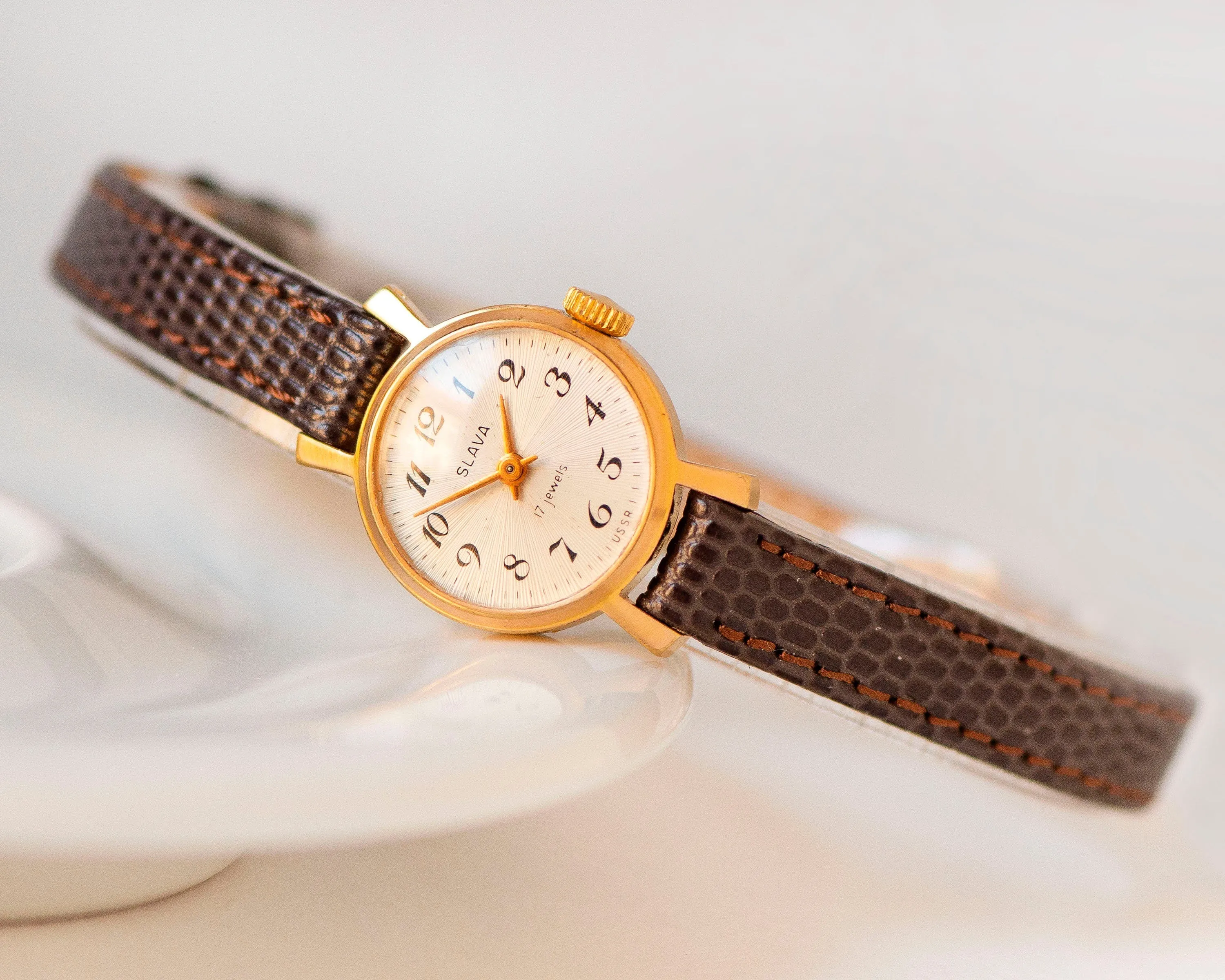 Classic lady wristwatch gold plated Glory, vintage women watch sunburst dial delicate watch  for women jewelry gift new premium leather band