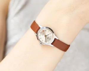 Classic women watch vintage Dawn, retro lady wristwatch silver shade, shockproof watch lady accessory rare gift, new premium leather strap