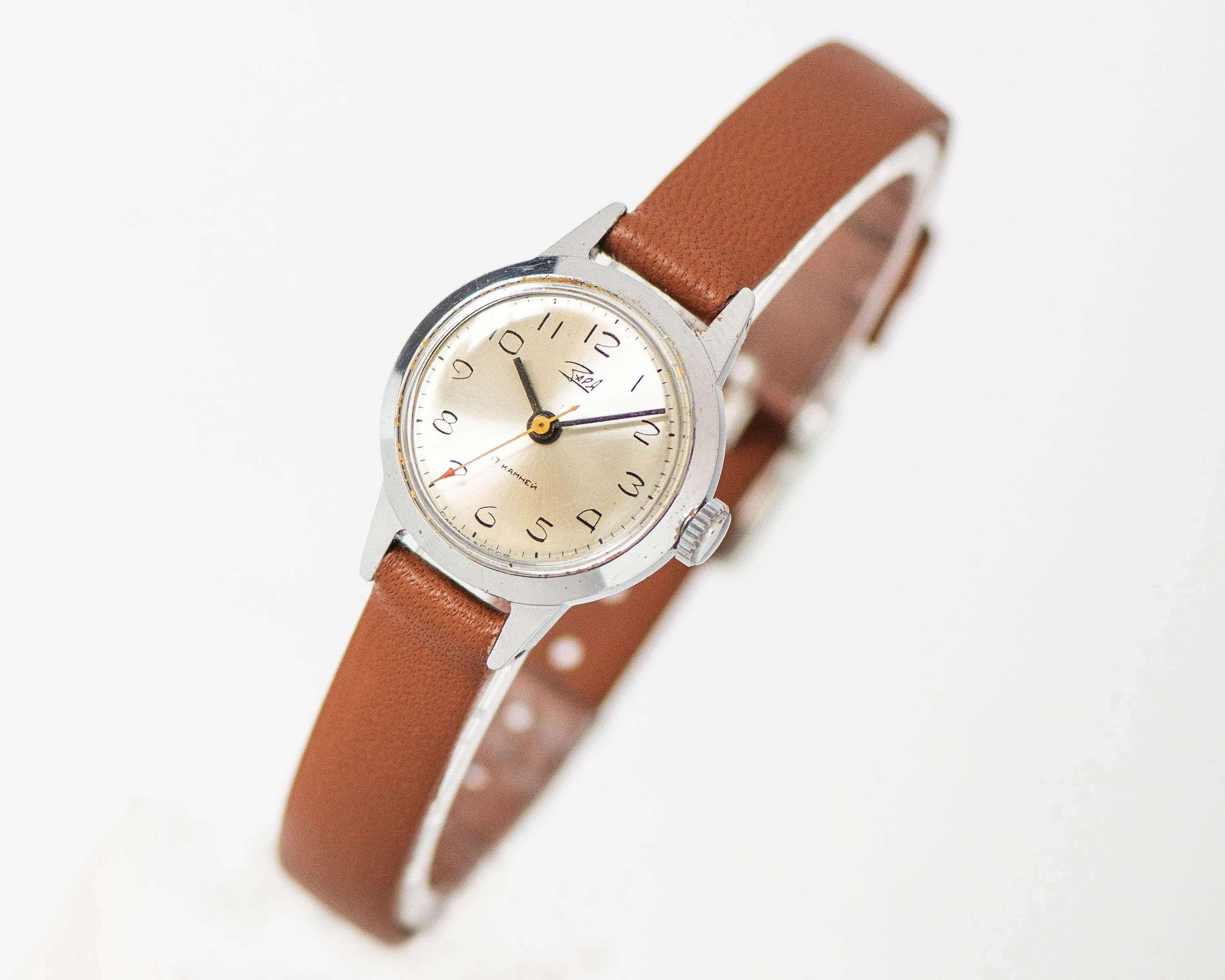 Classic women watch vintage Dawn, retro lady wristwatch silver shade, shockproof watch lady accessory rare gift, new premium leather strap