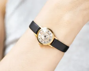 Classic women wristwatch Glory gold plated vintage, lady watch minimalist jewelry gift, delicate girl watch preppy, new genuine leather band