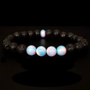Crystal Blue Opalescence & Lava Stone Beaded Bracelet