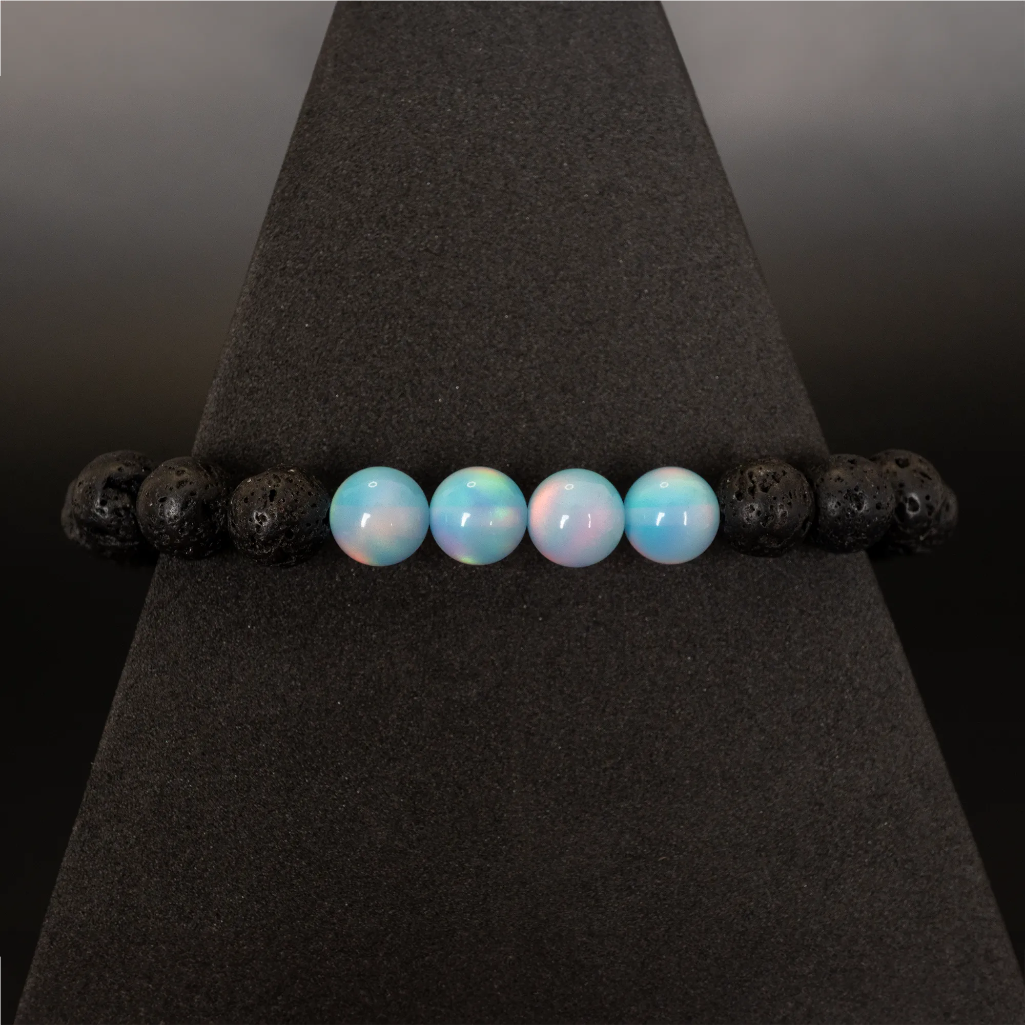 Crystal Blue Opalescence & Lava Stone Beaded Bracelet