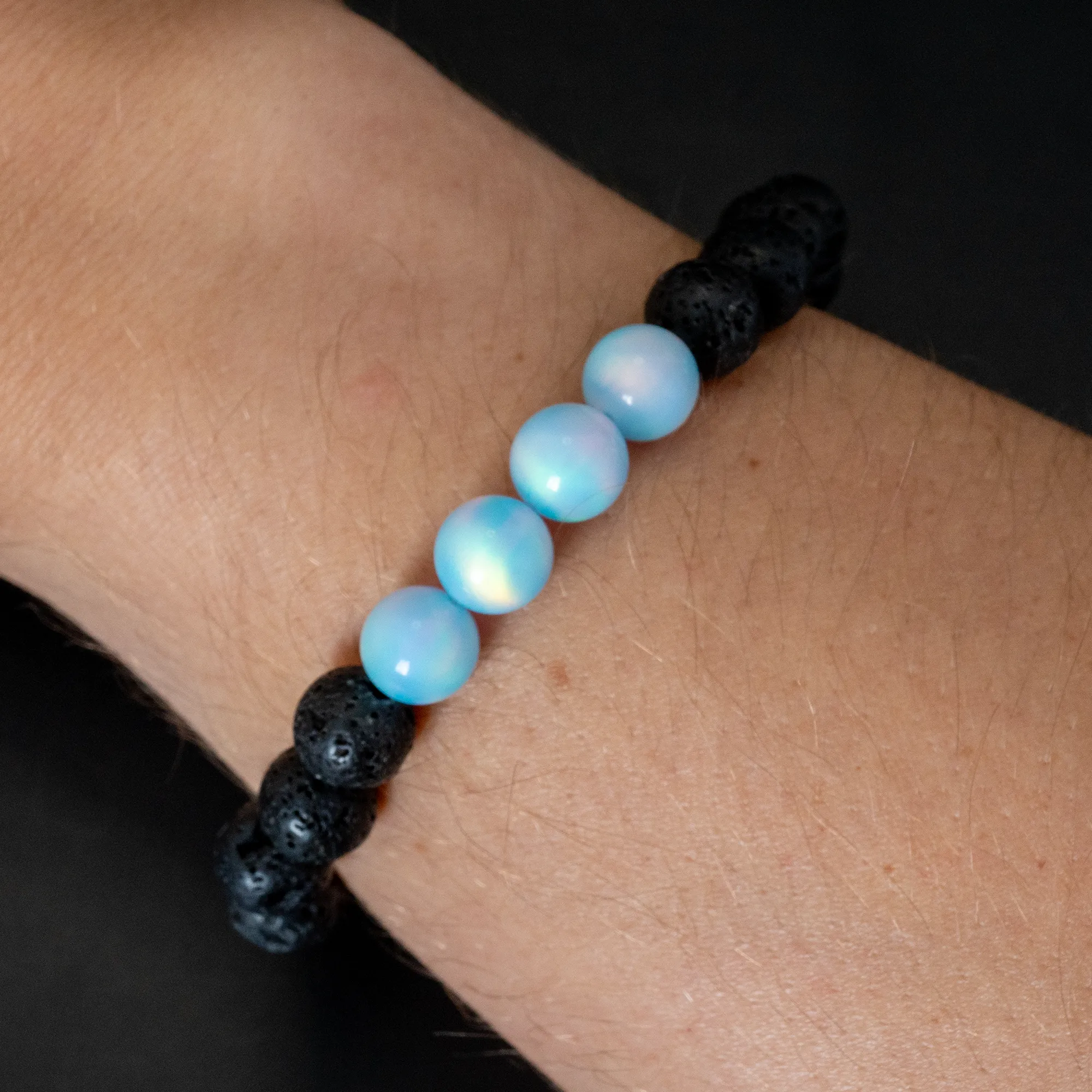 Crystal Blue Opalescence & Lava Stone Beaded Bracelet
