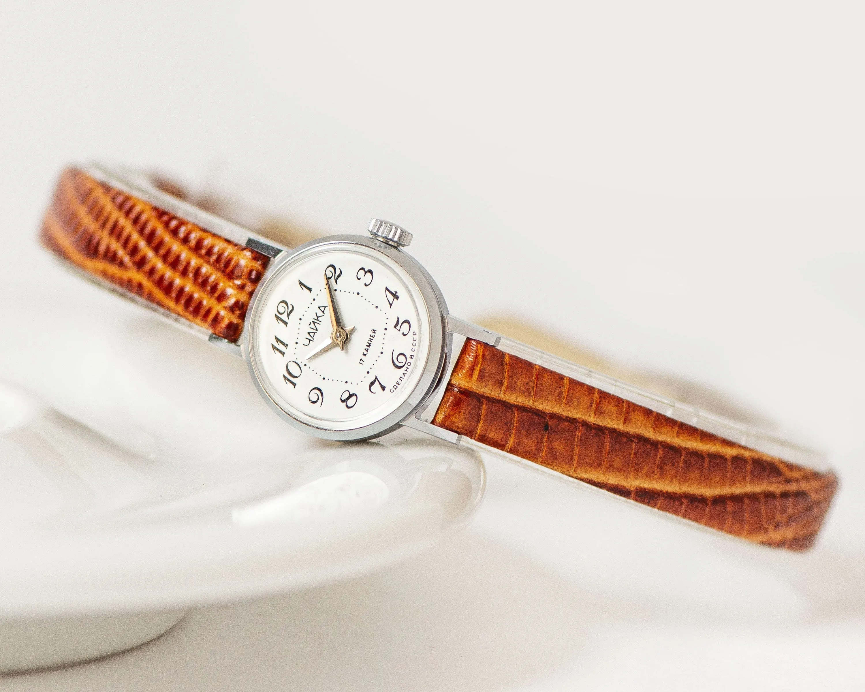 Delicate lady's watch classic Seagull vintage, silver shade watch for women small accessory gift, micro watch lady, new genuine leather band