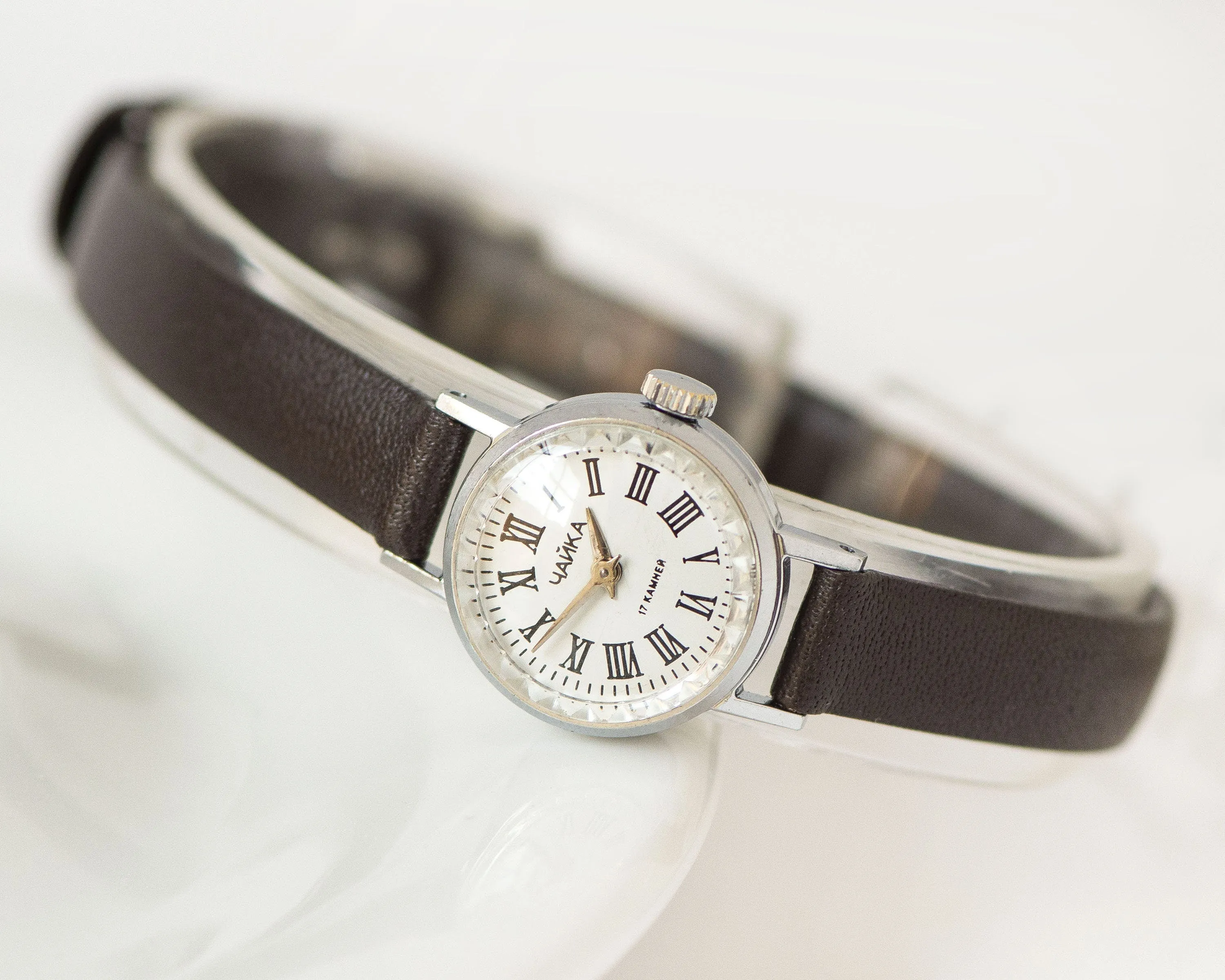 Delicate women wristwatch Roman numerals Seagull, vintage silver shade women watch dainty, super small lady watch, new premium leather strap