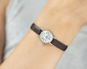 Delicate women wristwatch Roman numerals Seagull, vintage silver shade women watch dainty, super small lady watch, new premium leather strap