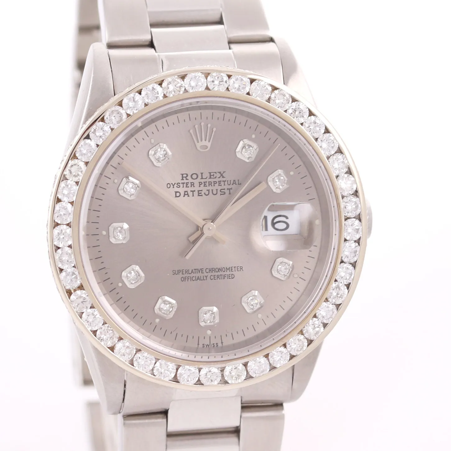DIAMOND Bezel Rolex DateJust 36mm Silver Diamond 16234 Steel White Gold Watch