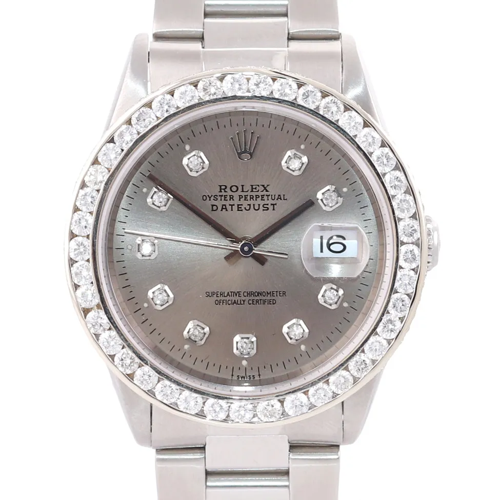 DIAMOND Bezel Rolex DateJust 36mm Silver Diamond 16234 Steel White Gold Watch
