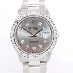 DIAMOND Bezel Rolex DateJust 36mm Silver Diamond 16234 Steel White Gold Watch