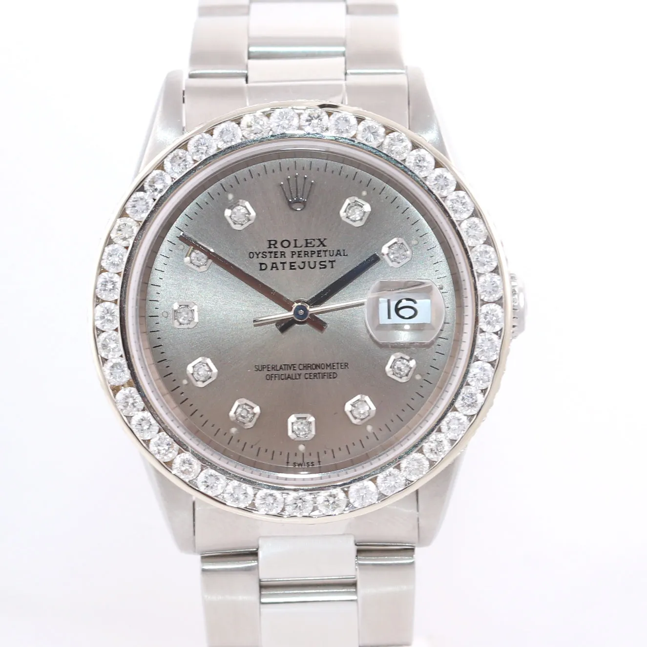 DIAMOND Bezel Rolex DateJust 36mm Silver Diamond 16234 Steel White Gold Watch