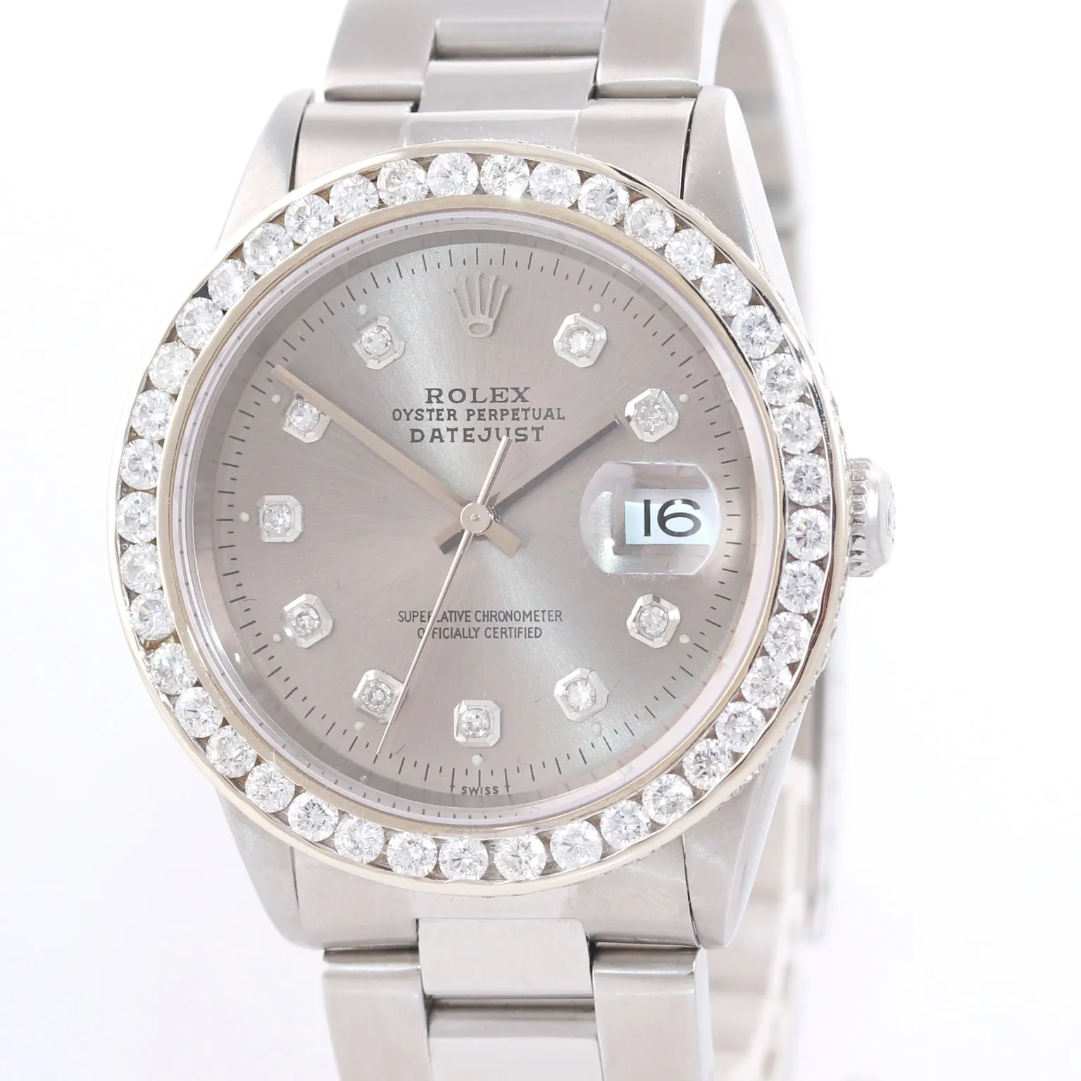 DIAMOND Bezel Rolex DateJust 36mm Silver Diamond 16234 Steel White Gold Watch