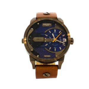 Diesel Men's Watch With 2 Time Zone & Dark Brown Leather Strap