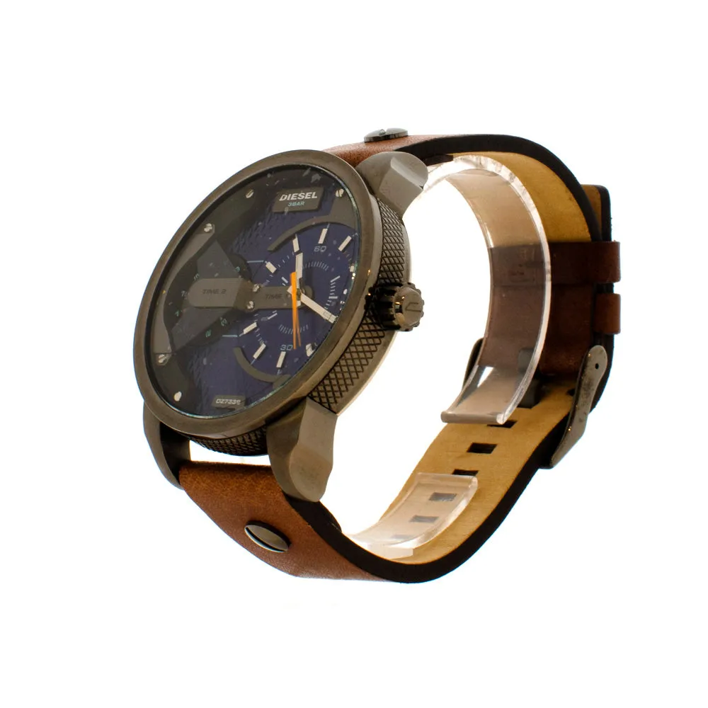 Diesel Men's Watch With 2 Time Zone & Dark Brown Leather Strap