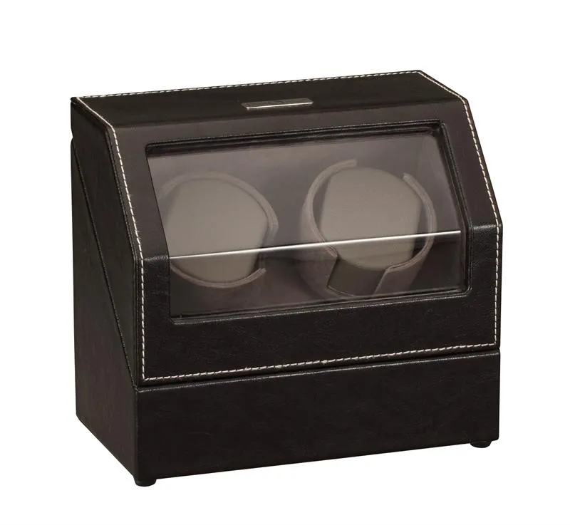 Diplomat Black Leather Double Watch Winder with Gray Microfiber Suede Interior - Battery/AC Powered