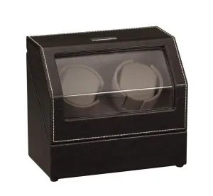 Diplomat Black Leather Double Watch Winder with Gray Microfiber Suede Interior - Battery/AC Powered