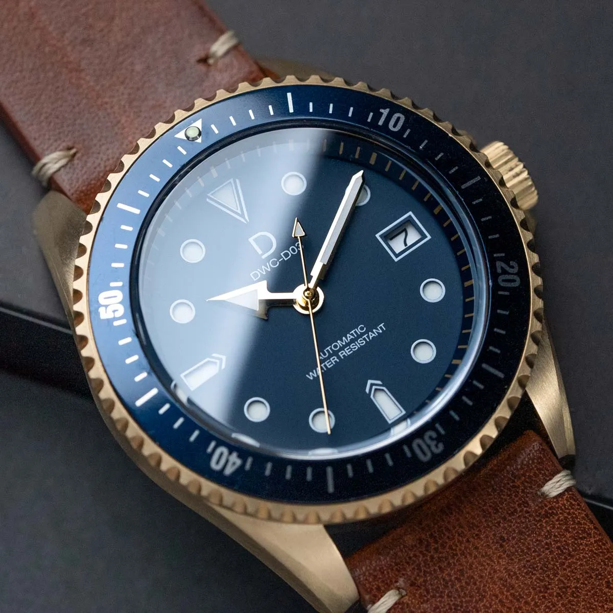 DIY Watch Kit | 42mm Blue Bronze Dive Watch w/ Brown Vintage Strap & Sandwich Dial (Seiko NH35)