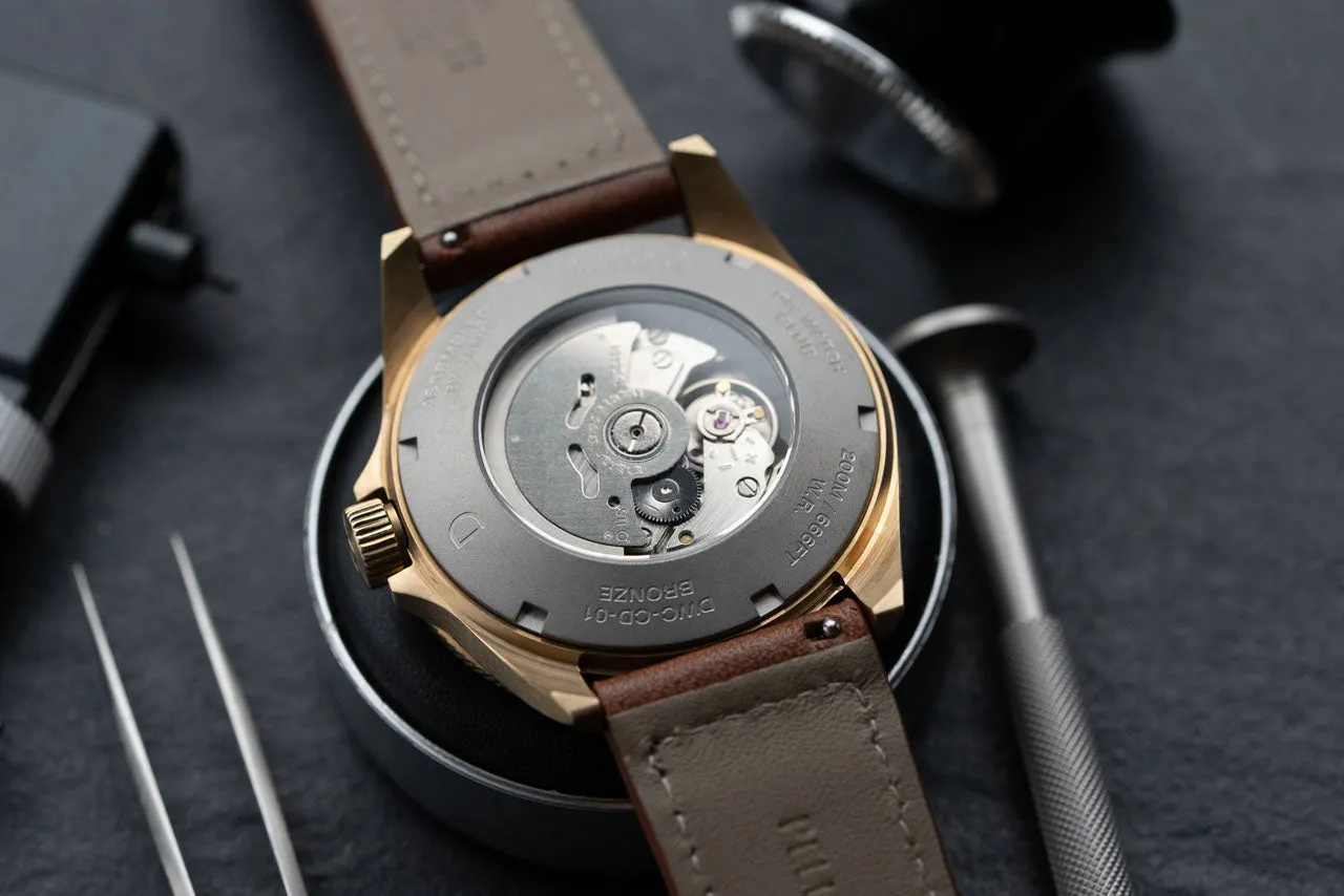 DIY Watch Kit | 42mm Blue Bronze Dive Watch w/ Brown Vintage Strap & Sandwich Dial (Seiko NH35)