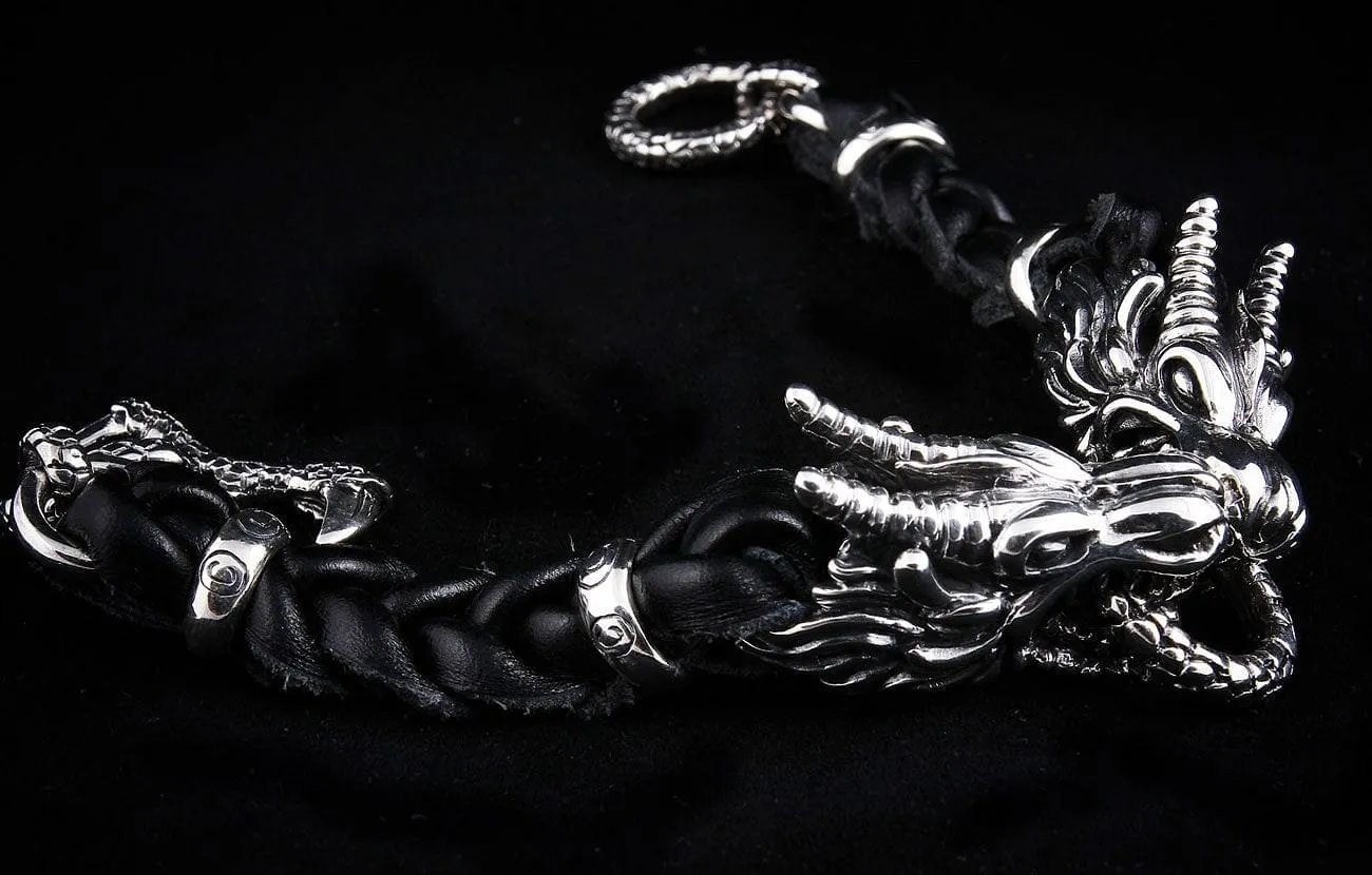 Dragon Genuine Leather Mens Chain Bracelet