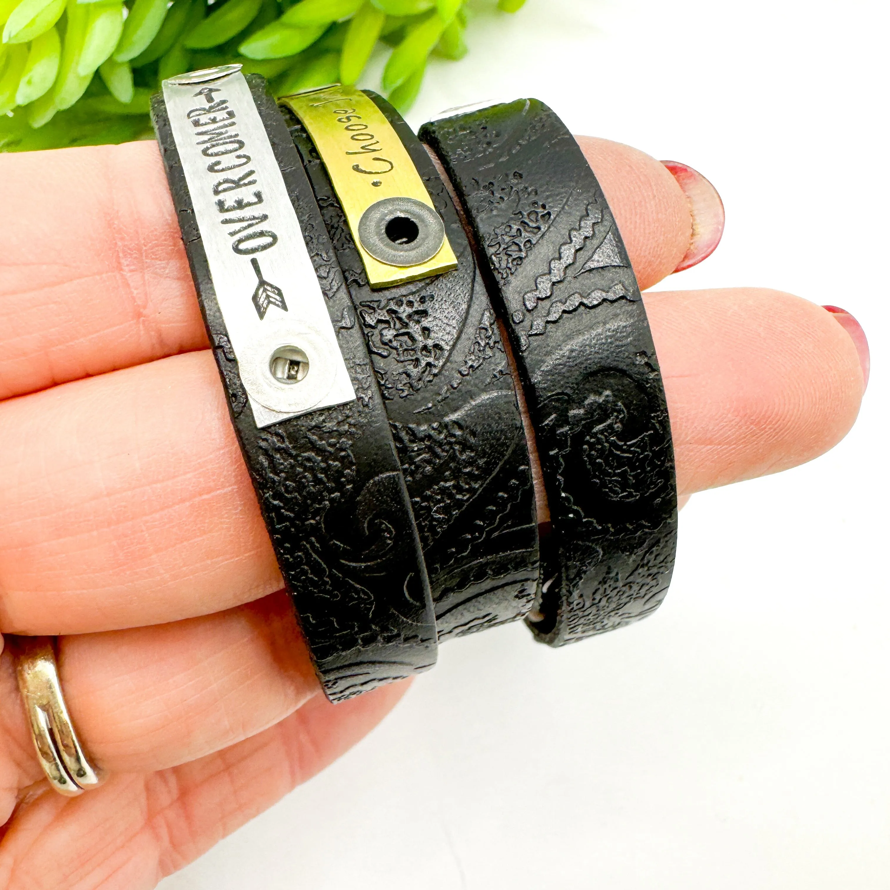 Embossed Black | 3 Phrases | Leather Skinny Bracelet | Adjustable