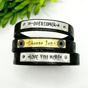 Embossed Black | 3 Phrases | Leather Skinny Bracelet | Adjustable