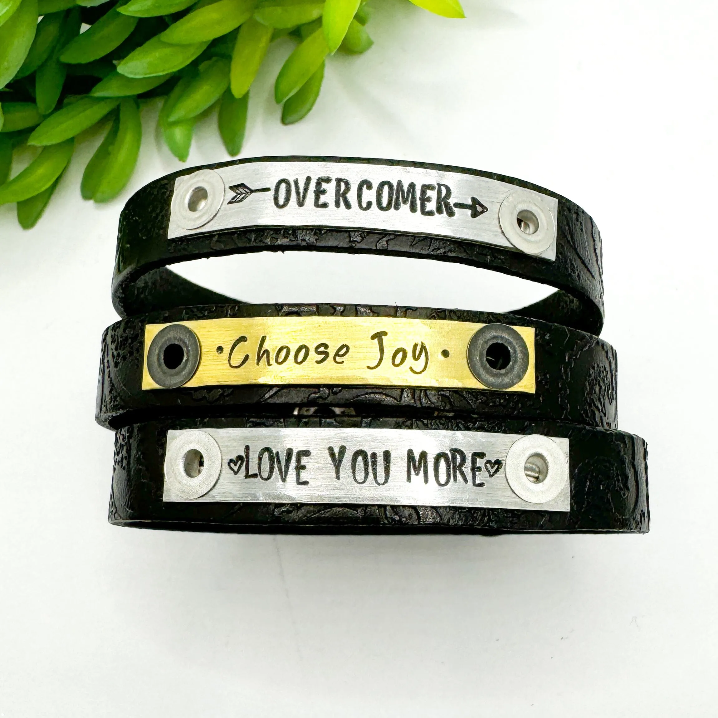 Embossed Black | 3 Phrases | Leather Skinny Bracelet | Adjustable