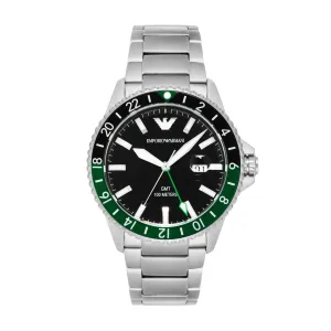 Emporio Armani GMT Dual Time Gents Black Dial Stainless Steel Watch