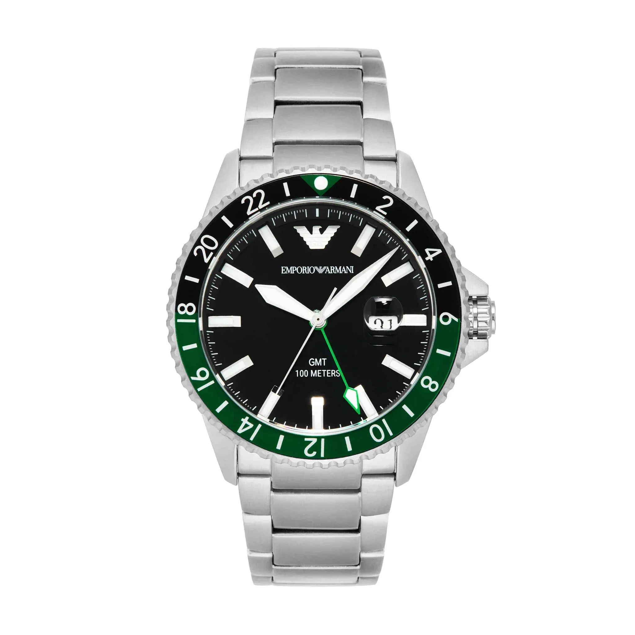 Emporio Armani GMT Dual Time Gents Black Dial Stainless Steel Watch