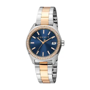ESPRIT Women's Two Tone Silver & Rose Gold Watch with Dark Blue Dial and Metal Bracelet