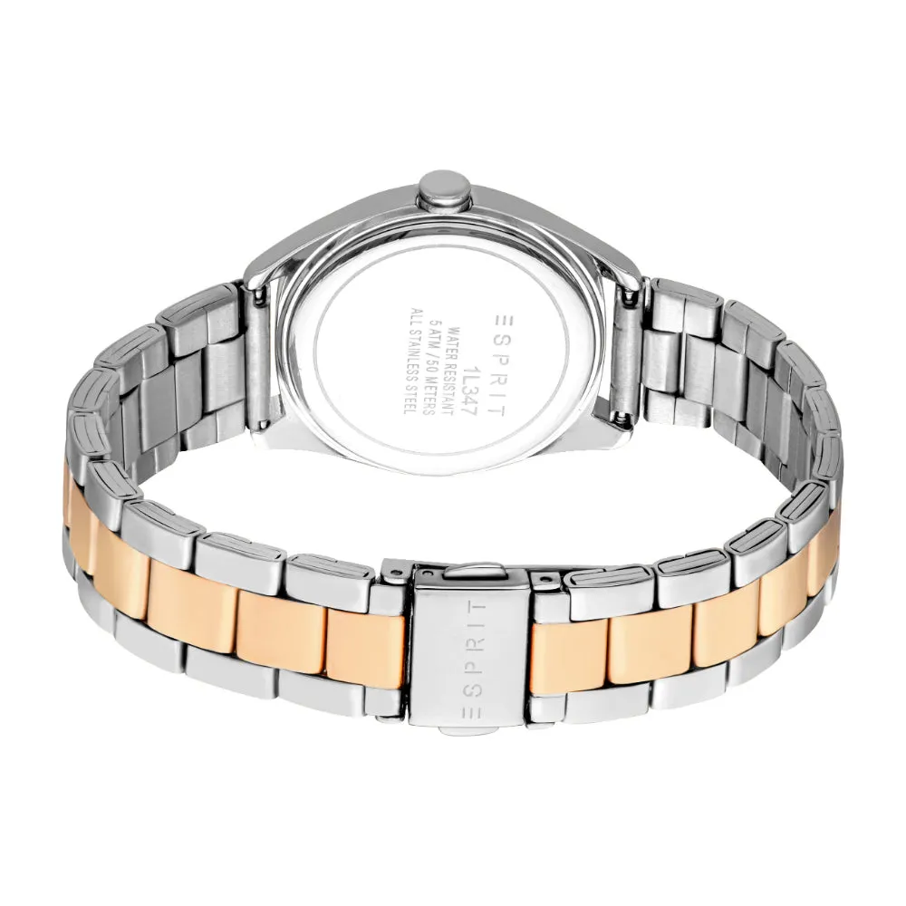 ESPRIT Women's Two Tone Silver & Rose Gold Watch with Dark Blue Dial and Metal Bracelet