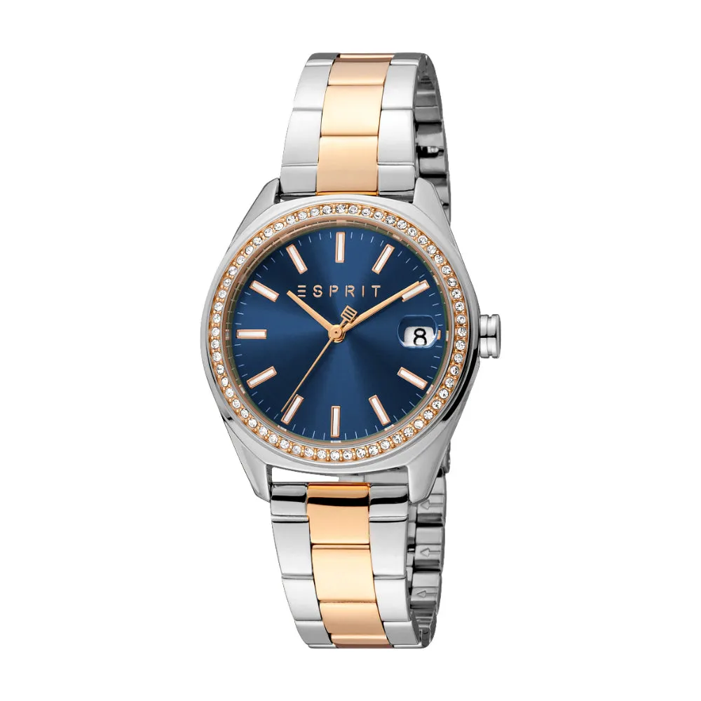 ESPRIT Women's Two Tone Silver & Rose Gold Watch with Dark Blue Dial and Metal Bracelet