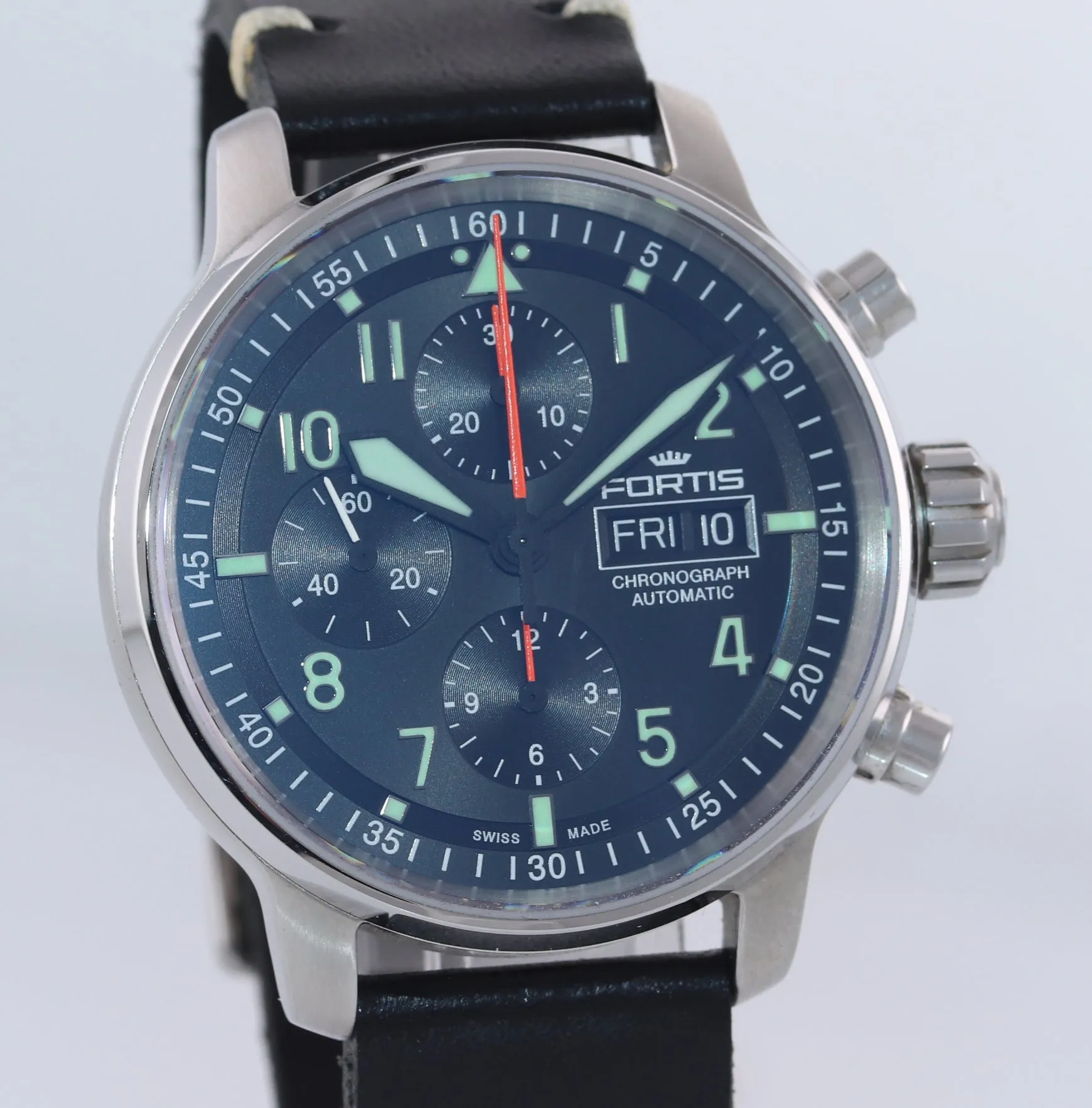 Fortis Aviatis Flieger 705.21.141 Steel Day Date Chronograph 43mm Pilot Watch