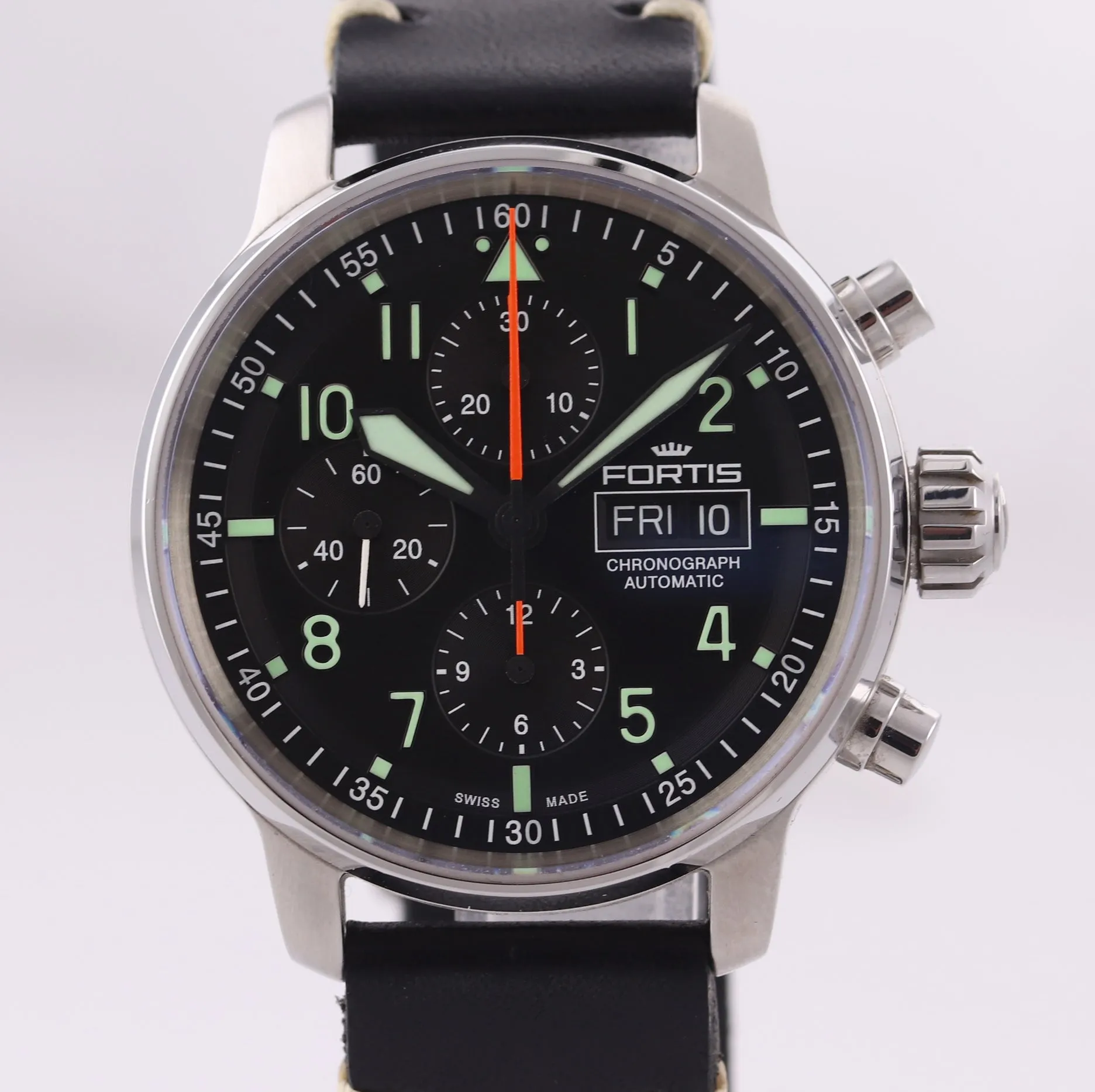 Fortis Aviatis Flieger 705.21.141 Steel Day Date Chronograph 43mm Pilot Watch