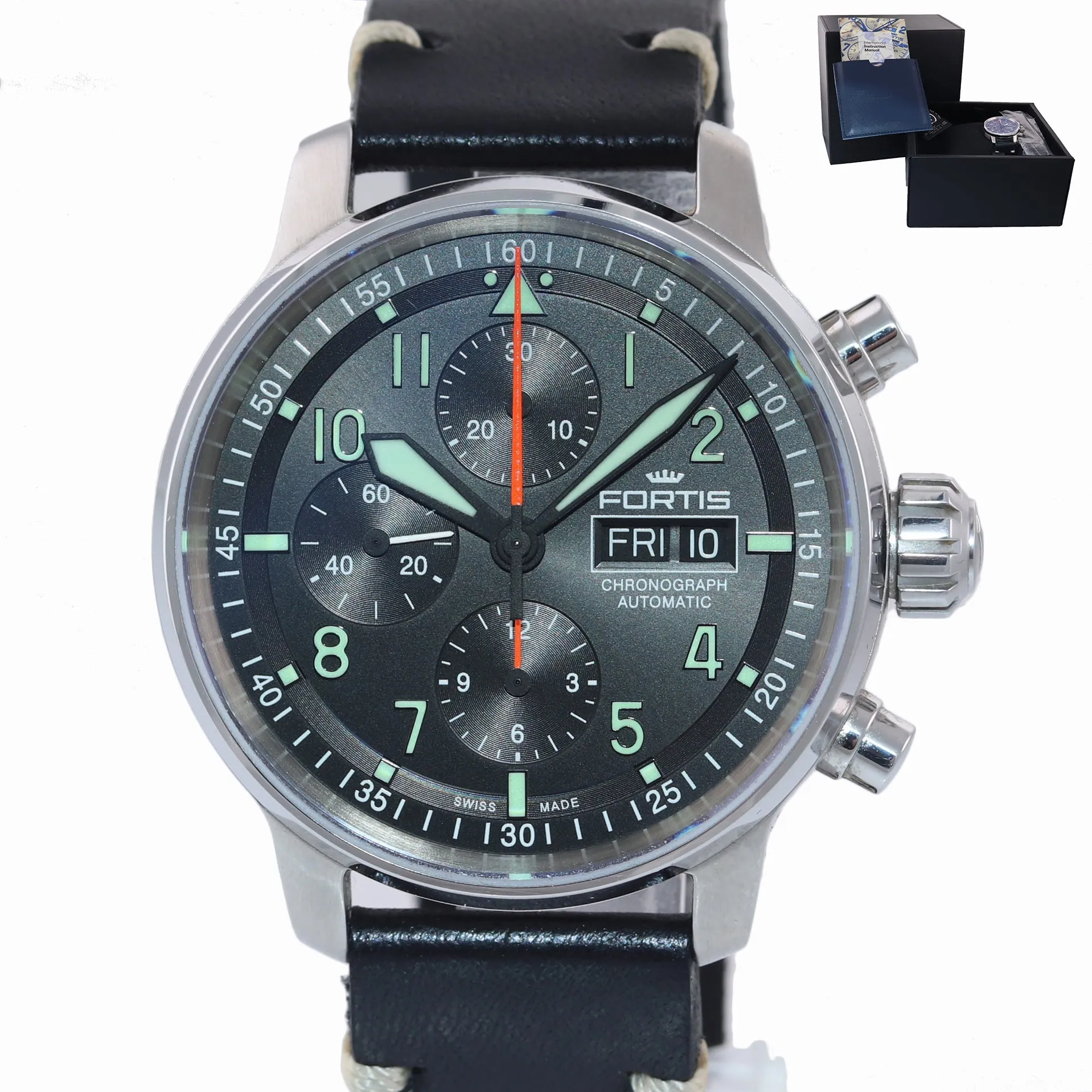 Fortis Aviatis Flieger 705.21.141 Steel Day Date Chronograph 43mm Pilot Watch
