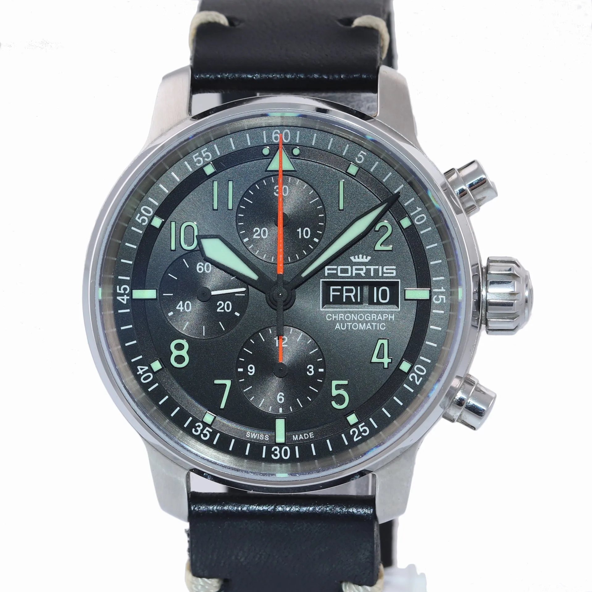 Fortis Aviatis Flieger 705.21.141 Steel Day Date Chronograph 43mm Pilot Watch