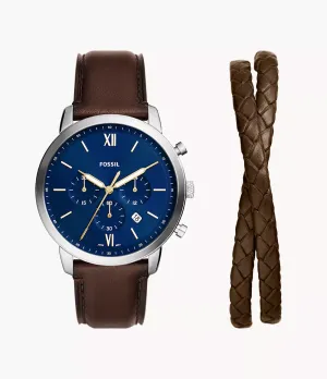 Fossil Neutra Chronograph Brown Leather Watch and Bracelet Box Set