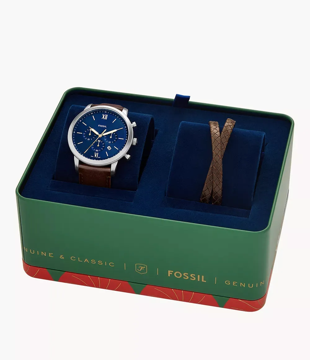 Fossil Neutra Chronograph Brown Leather Watch and Bracelet Box Set